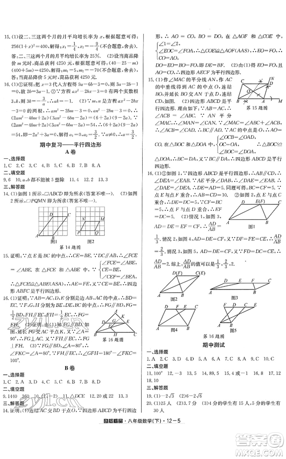 延邊人民出版社2022勵耘活頁八年級數(shù)學下冊浙教版答案