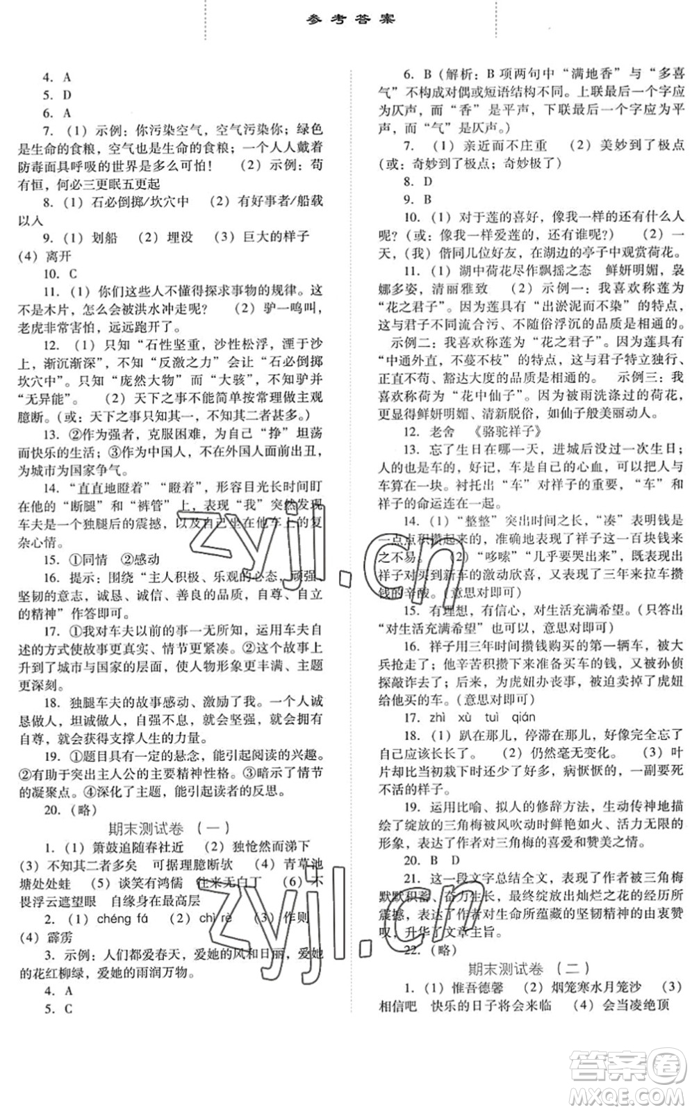 河北人民出版社2022同步訓(xùn)練七年級語文下冊人教版答案