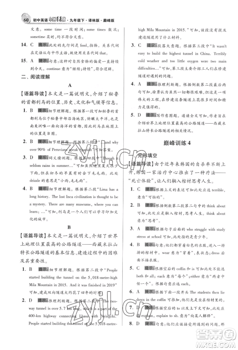 江蘇鳳凰科學(xué)技術(shù)出版社2022小題狂做九年級(jí)英語(yǔ)下冊(cè)譯林版巔峰版參考答案