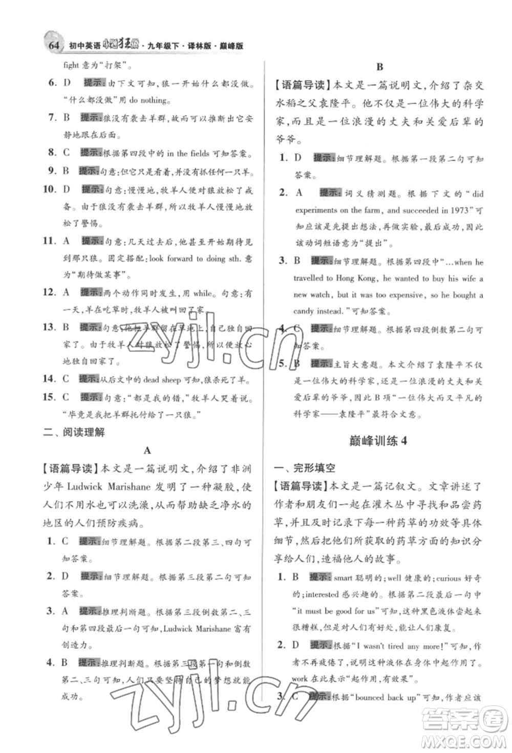 江蘇鳳凰科學(xué)技術(shù)出版社2022小題狂做九年級(jí)英語(yǔ)下冊(cè)譯林版巔峰版參考答案