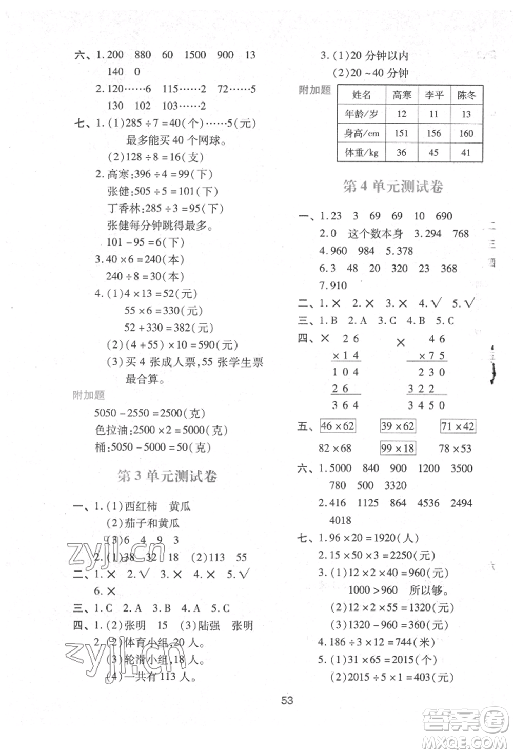 人民教育出版社2022新課程學(xué)習(xí)與評(píng)價(jià)三年級(jí)數(shù)學(xué)下冊(cè)人教版參考答案