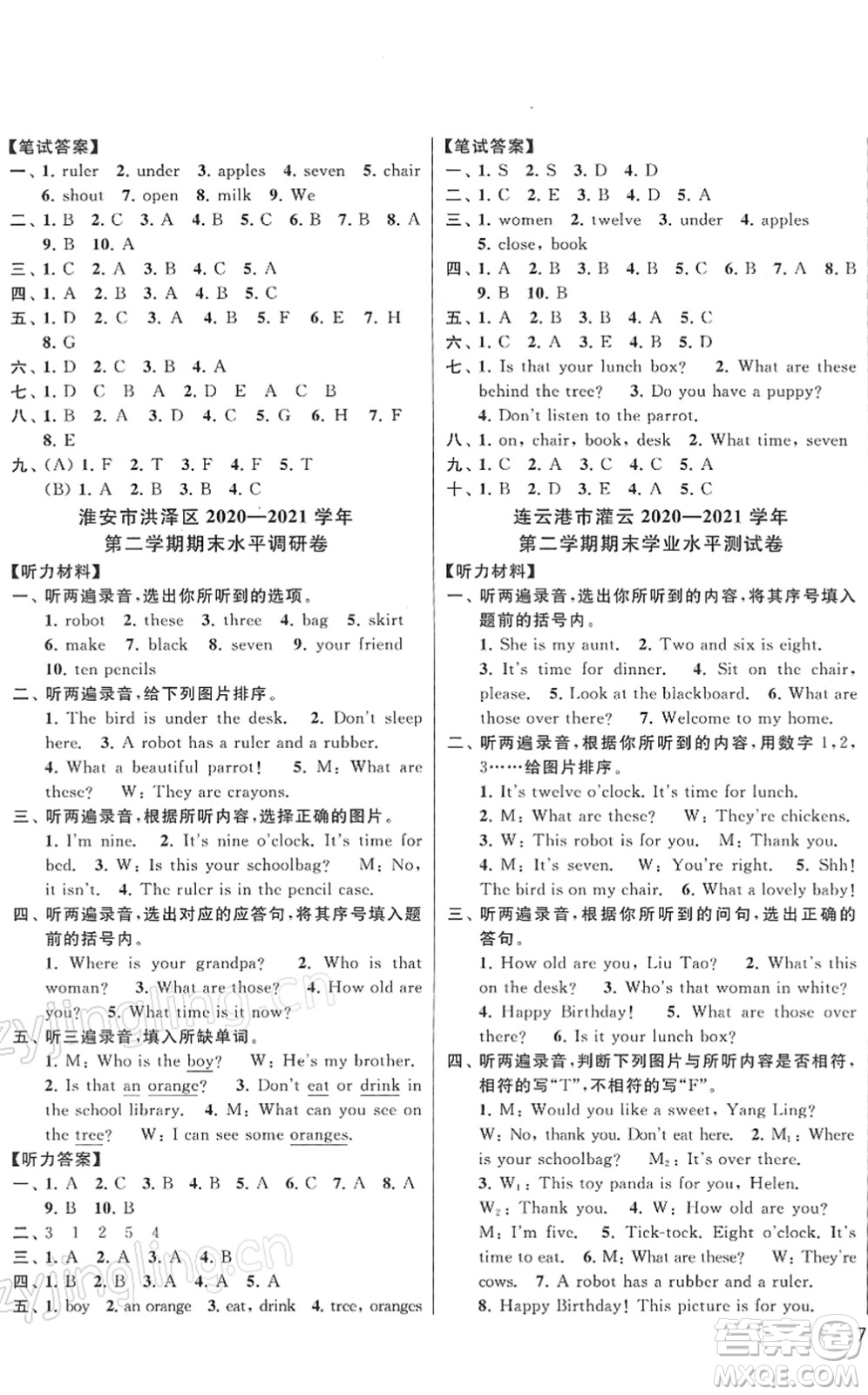 云南美術(shù)出版社2022同步跟蹤全程檢測三年級英語下冊譯林版答案