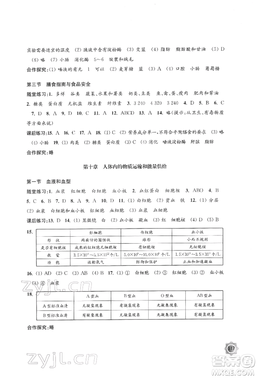 江蘇鳳凰教育出版社2022學(xué)習(xí)與評價(jià)七年級生物下冊蘇教版江蘇專版參考答案