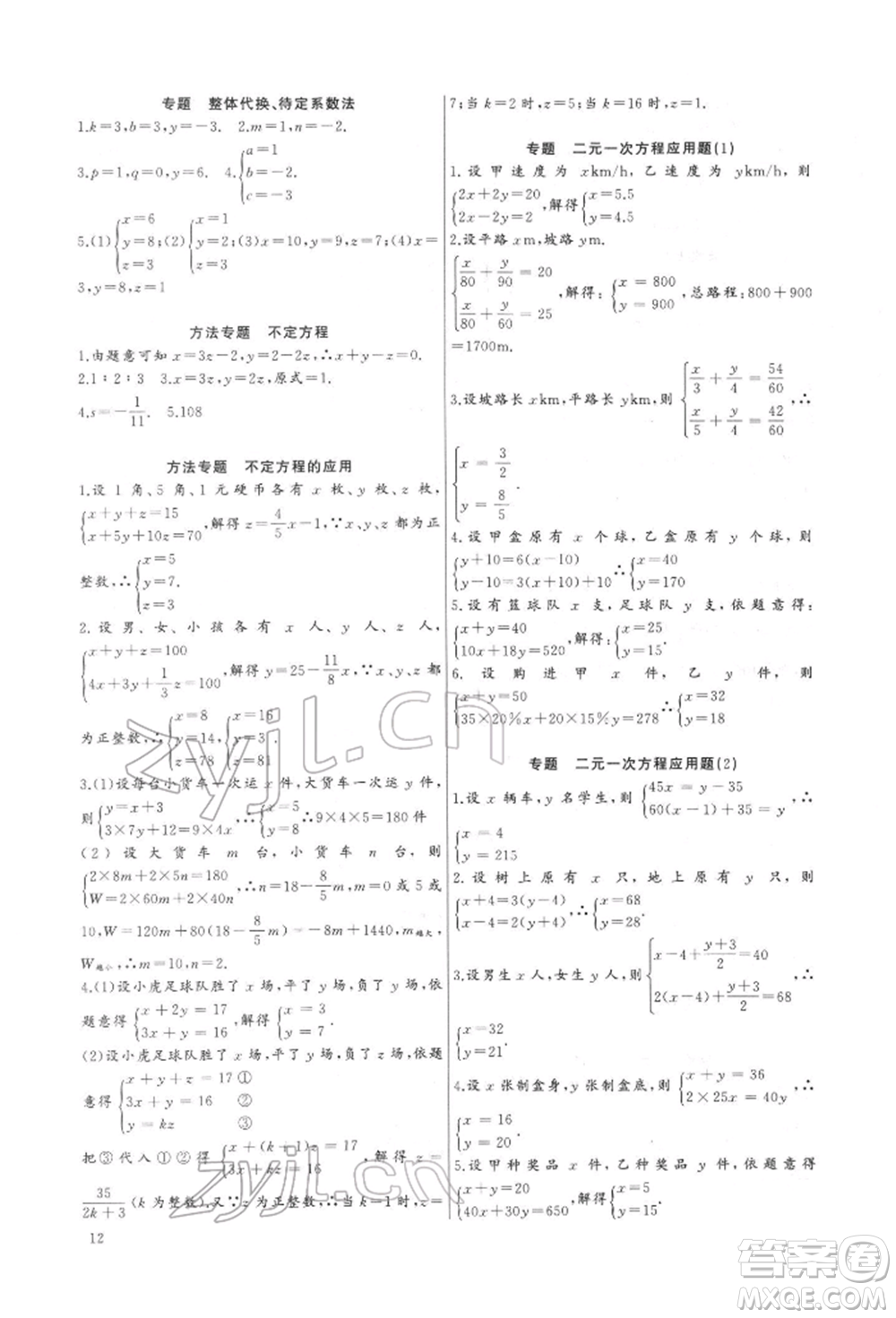 長江少年兒童出版社2022思維新觀察培優(yōu)講練七年級(jí)下冊(cè)數(shù)學(xué)人教版參考答案