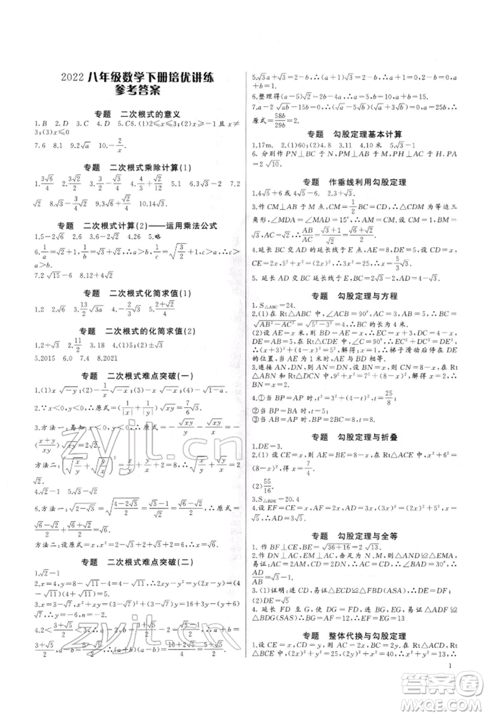 長江少年兒童出版社2022思維新觀察培優(yōu)講練八年級下冊數(shù)學(xué)人教版參考答案