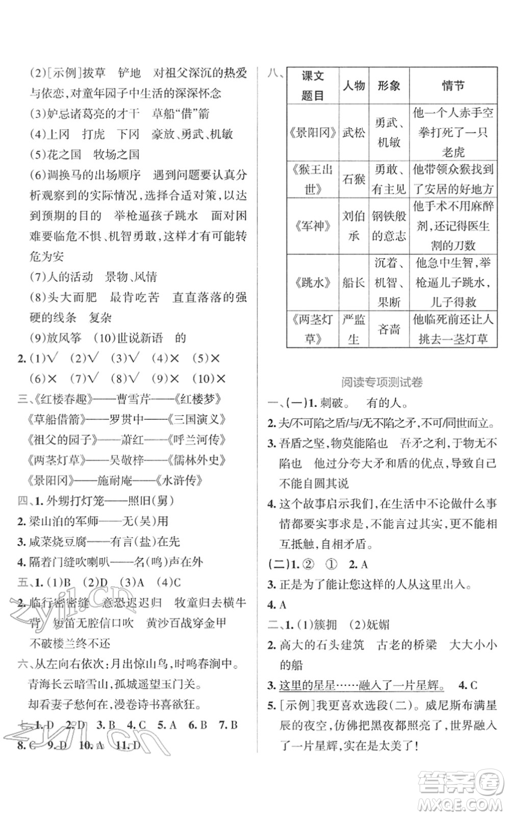 陜西師范大學出版總社2022小學學霸沖A卷五年級語文下冊RJ統(tǒng)編版答案