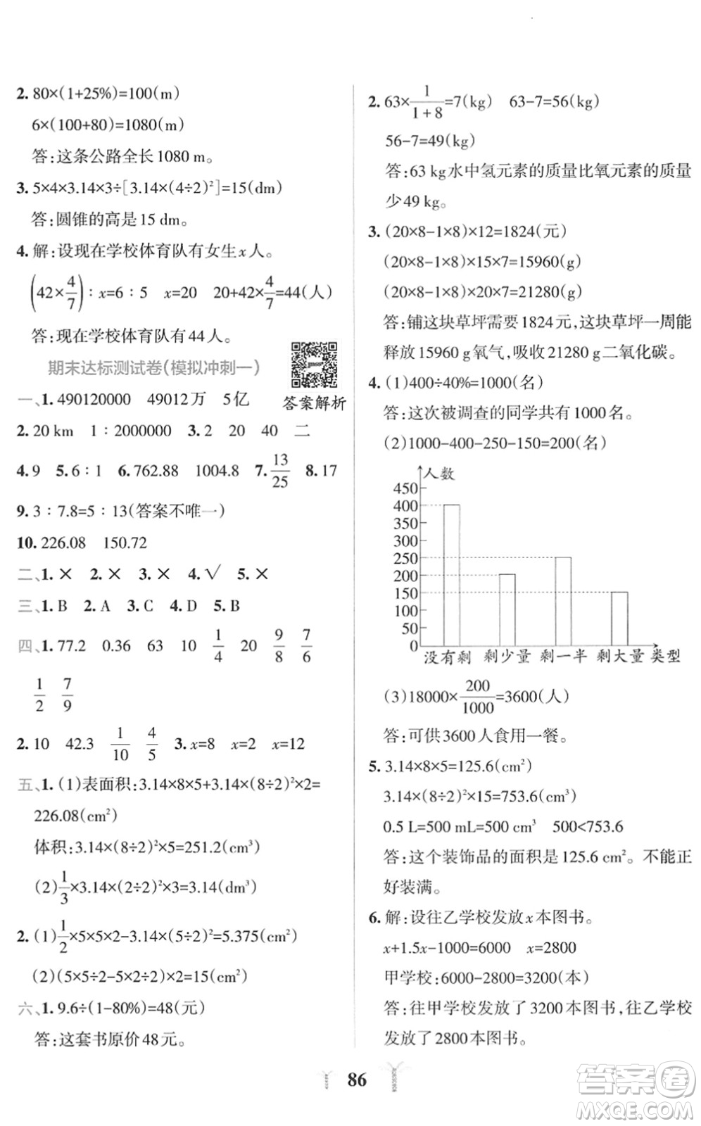 陜西師范大學出版總社2022小學學霸沖A卷六年級數(shù)學下冊RJ人教版答案