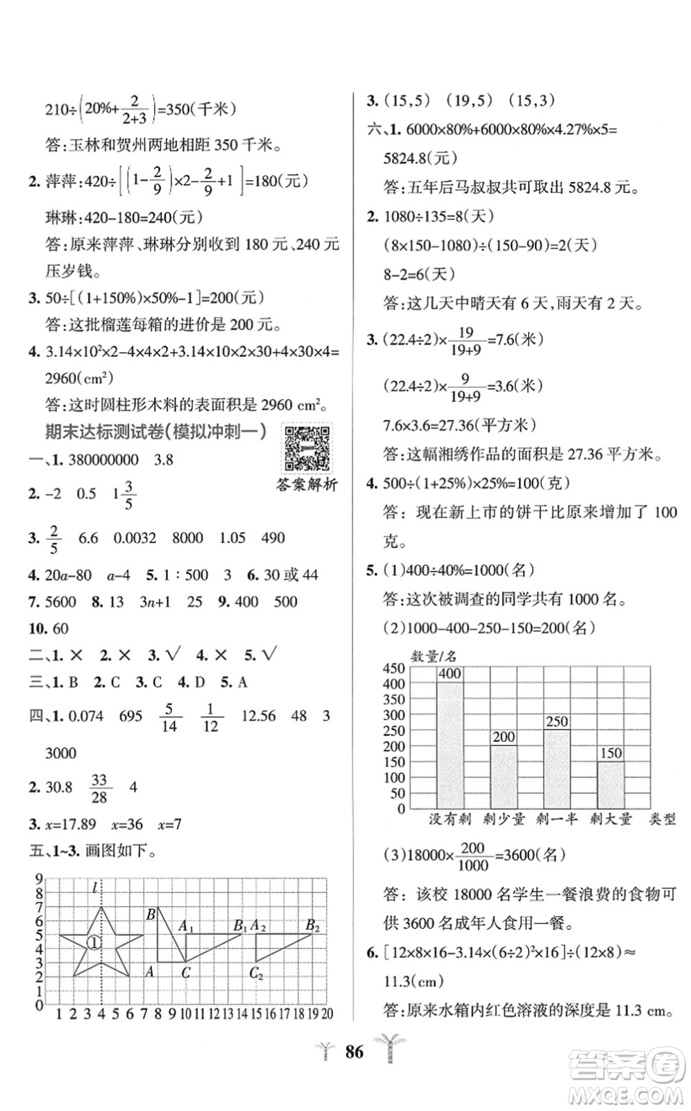 陜西師范大學出版總社2022小學學霸沖A卷六年級數(shù)學下冊SJ蘇教版答案