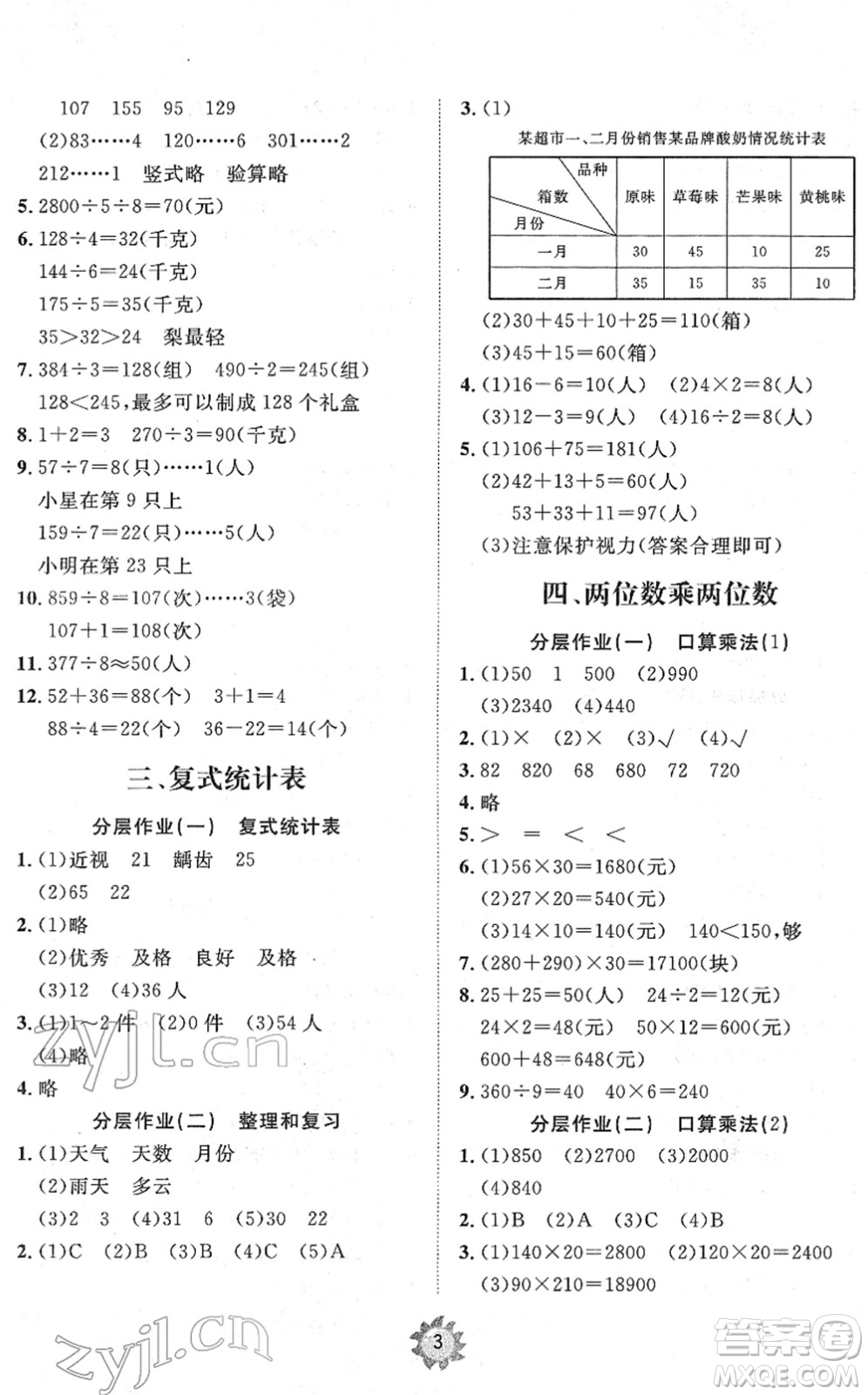 山東友誼出版社2022小學(xué)同步練習(xí)冊(cè)提優(yōu)測(cè)試卷三年級(jí)數(shù)學(xué)下冊(cè)人教版答案