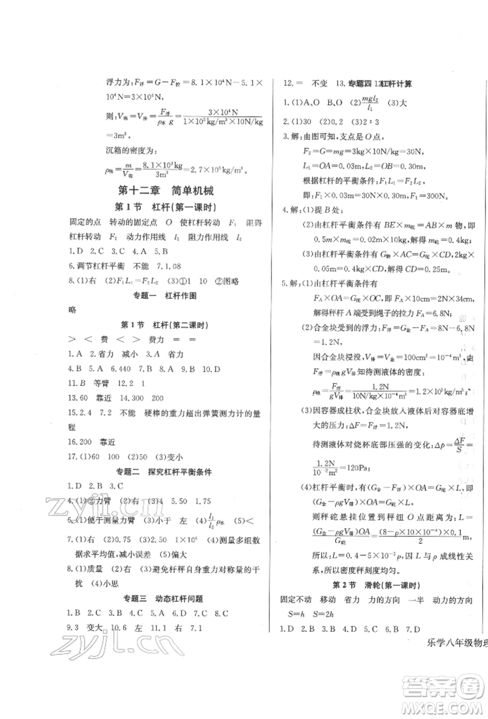 長江少年兒童出版社2022樂學(xué)課堂課時學(xué)講練八年級物理下冊人教版參考答案