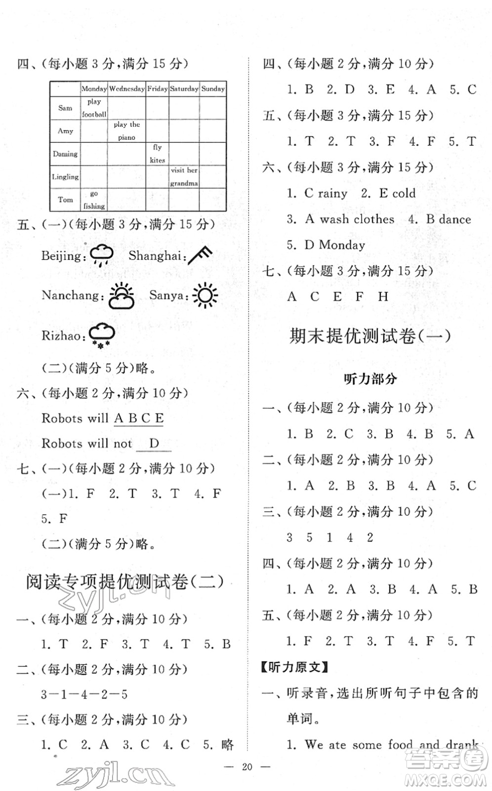 山東友誼出版社2022小學(xué)同步練習(xí)冊(cè)提優(yōu)測(cè)試卷四年級(jí)英語(yǔ)下冊(cè)人教版答案