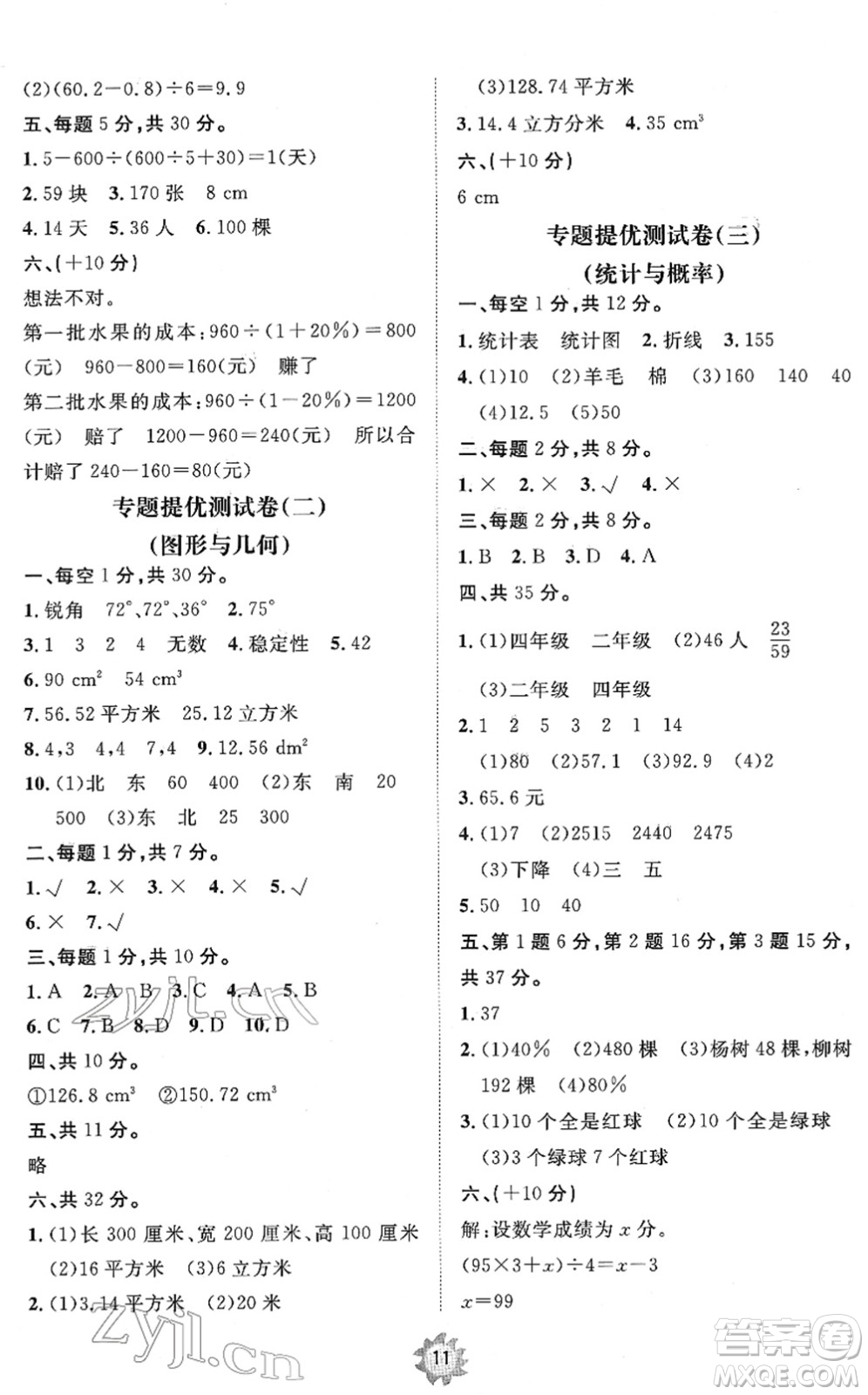 山東友誼出版社2022小學(xué)同步練習(xí)冊(cè)提優(yōu)測(cè)試卷六年級(jí)數(shù)學(xué)下冊(cè)人教版答案