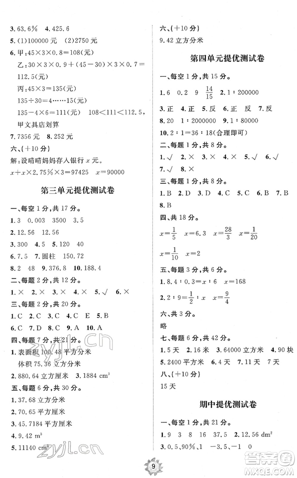 山東友誼出版社2022小學(xué)同步練習(xí)冊(cè)提優(yōu)測(cè)試卷六年級(jí)數(shù)學(xué)下冊(cè)人教版答案