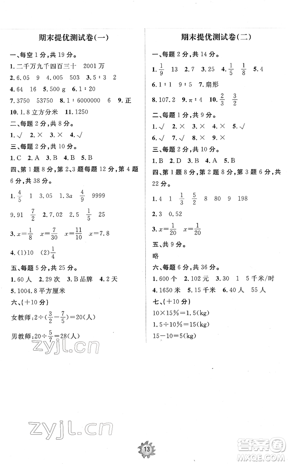 山東友誼出版社2022小學(xué)同步練習(xí)冊(cè)提優(yōu)測(cè)試卷六年級(jí)數(shù)學(xué)下冊(cè)人教版答案