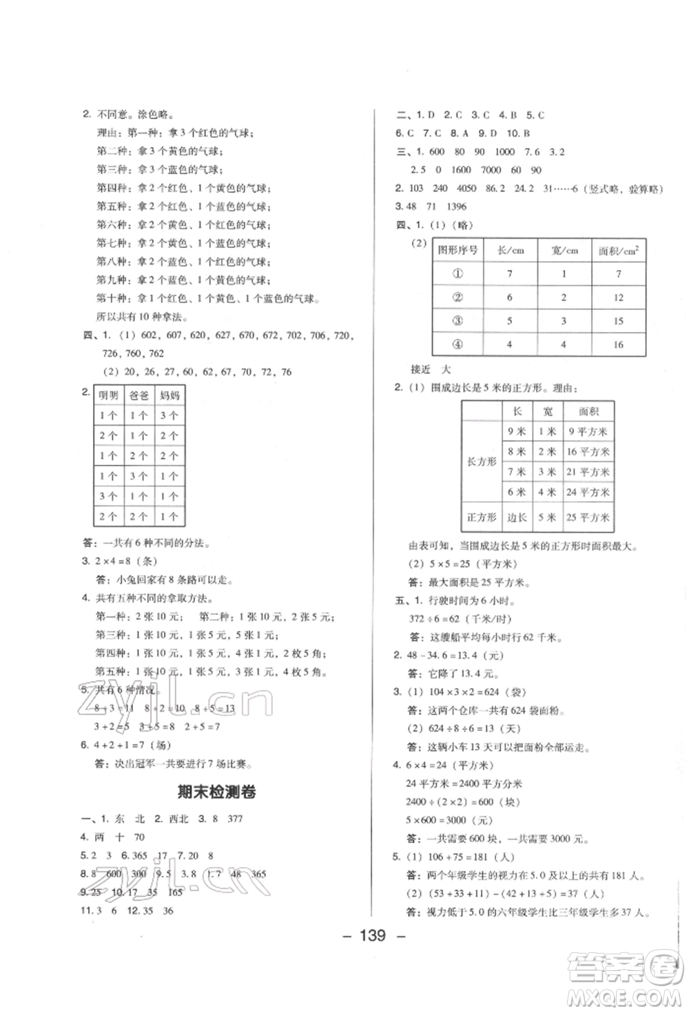 陜西人民教育出版社2022典中點綜合應(yīng)用創(chuàng)新題三年級數(shù)學下冊人教版福建專版參考答案