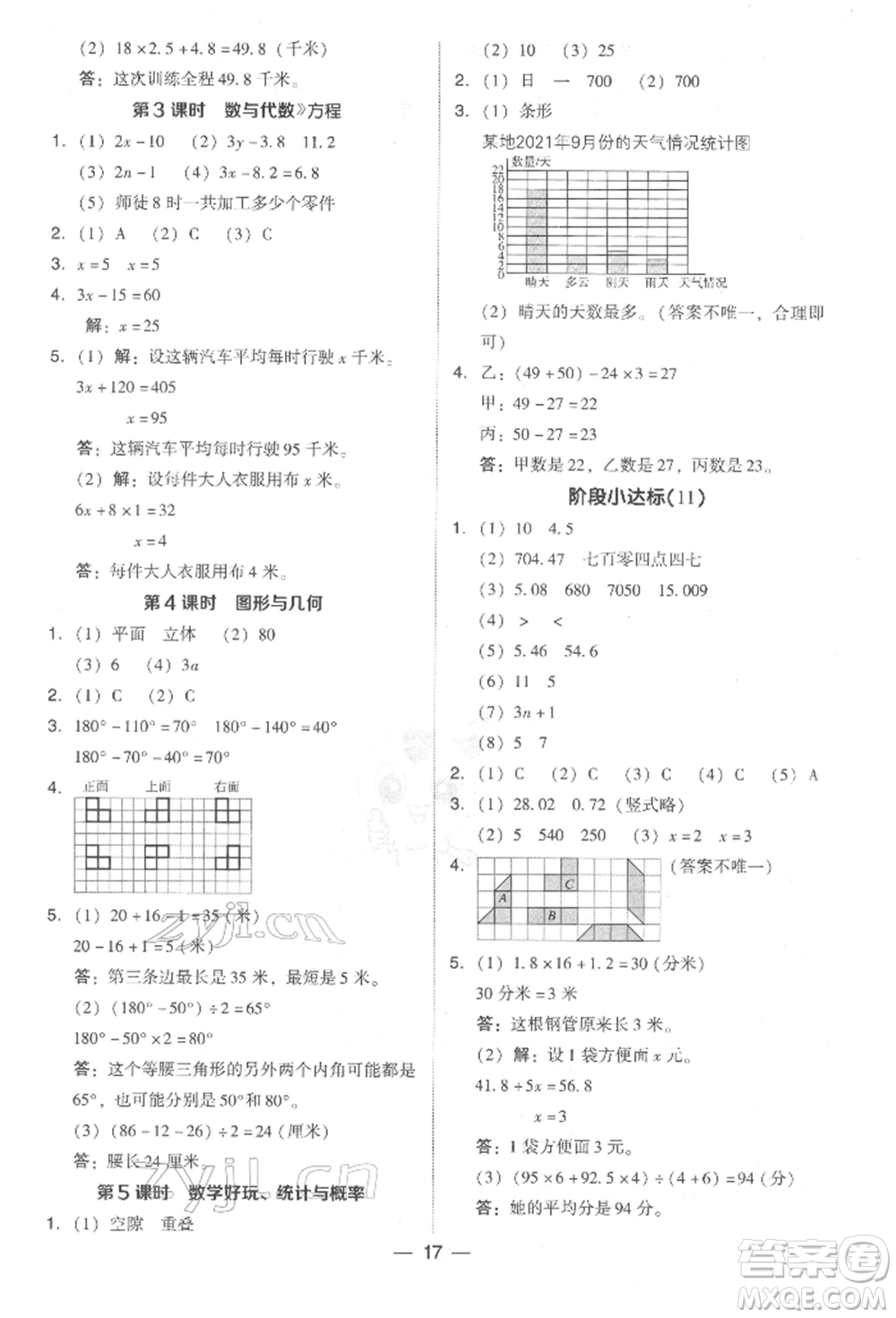 陜西人民教育出版社2022典中點(diǎn)綜合應(yīng)用創(chuàng)新題四年級數(shù)學(xué)下冊北師大版參考答案