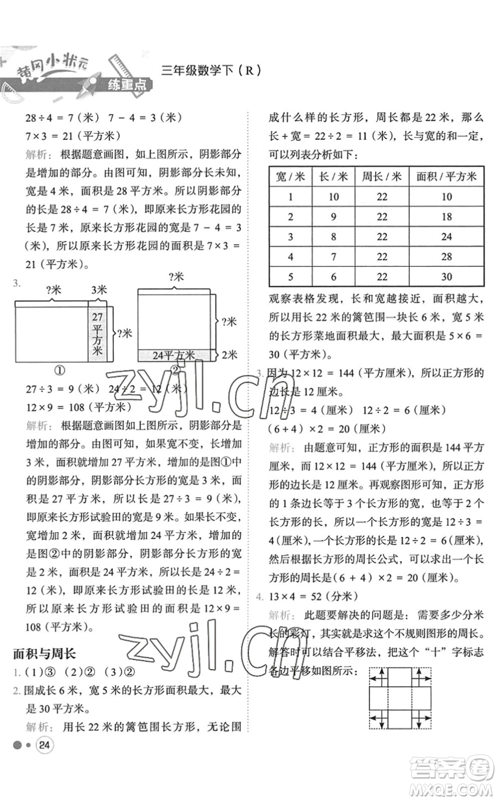 龍門書局2022黃岡小狀元練重點培優(yōu)同步作業(yè)三年級數(shù)學(xué)下冊R人教版答案