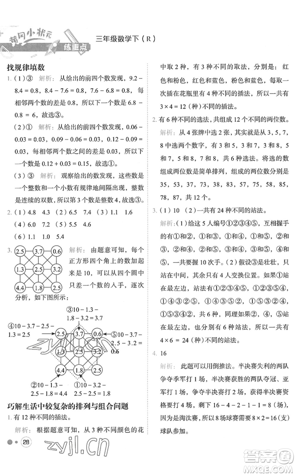 龍門書局2022黃岡小狀元練重點培優(yōu)同步作業(yè)三年級數(shù)學(xué)下冊R人教版答案