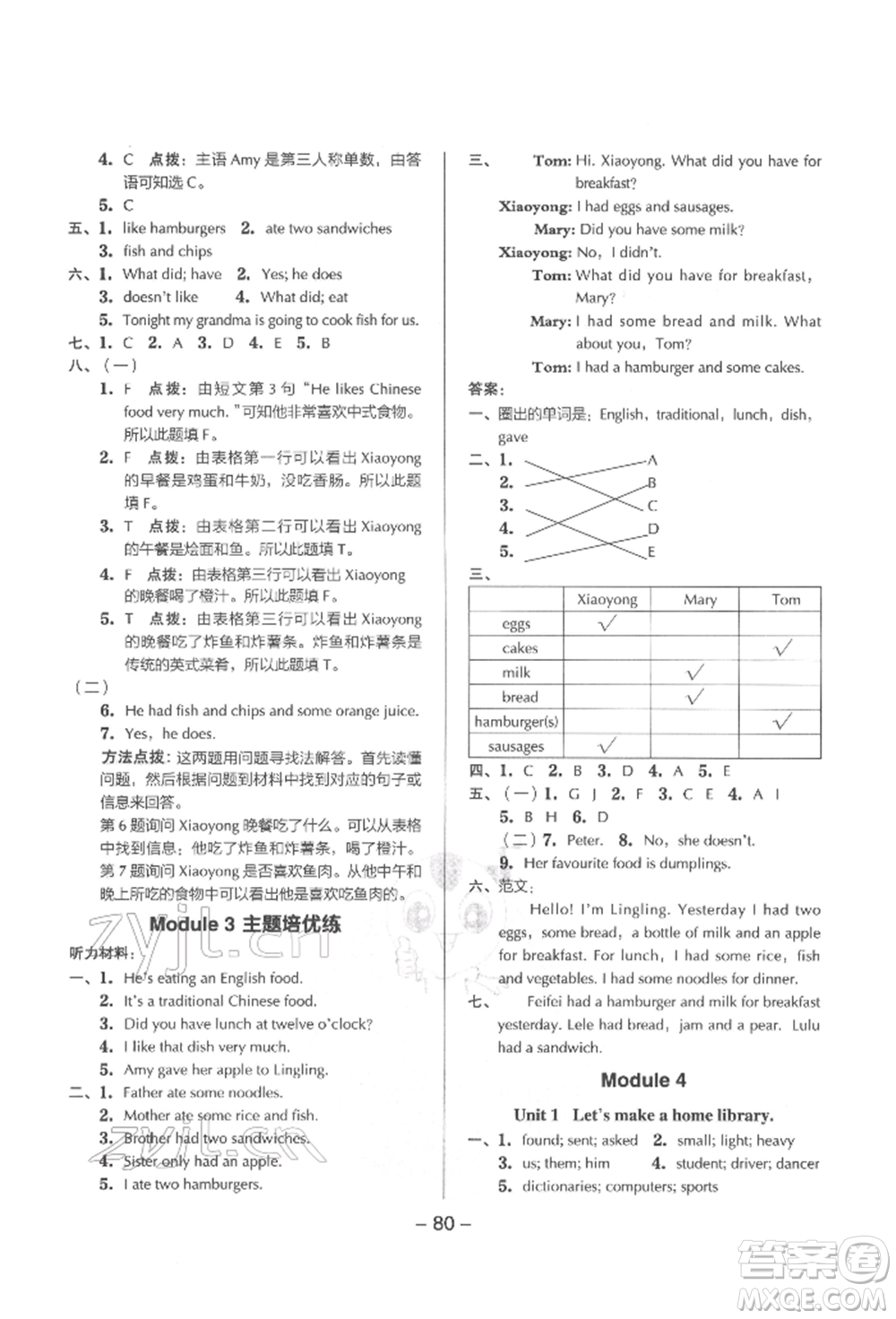 吉林教育出版社2022典中點(diǎn)綜合應(yīng)用創(chuàng)新題五年級英語下冊外研版參考答案