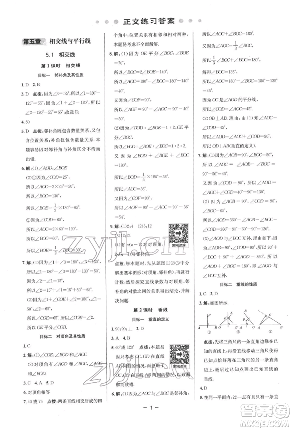 陜西人民教育出版社2022典中點綜合應用創(chuàng)新題七年級數學下冊人教版參考答案