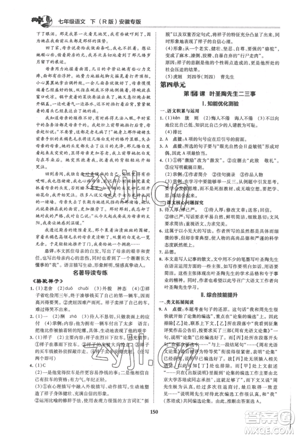 吉林教育出版社2022典中點(diǎn)綜合應(yīng)用創(chuàng)新題七年級(jí)語文下冊人教版安徽專版參考答案