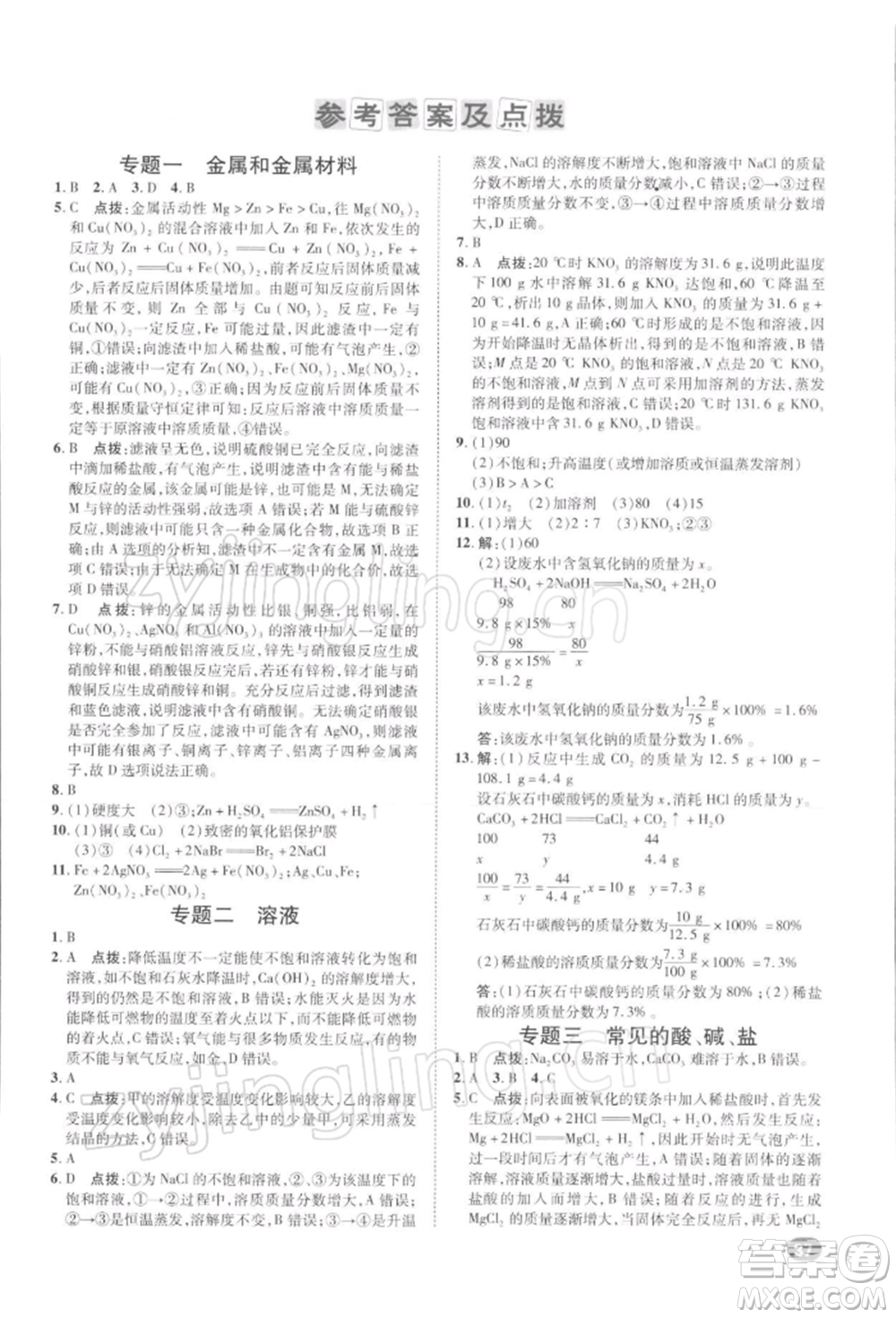 陜西人民教育出版社2022典中點綜合應(yīng)用創(chuàng)新題九年級化學(xué)下冊人教版參考答案