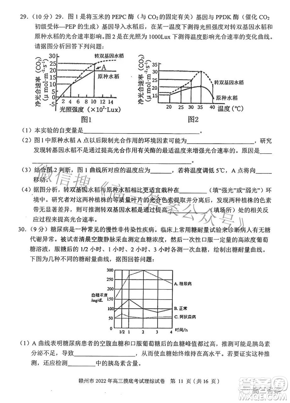 贛州市2022年高三年級摸底考試?yán)砜凭C合試題及答案