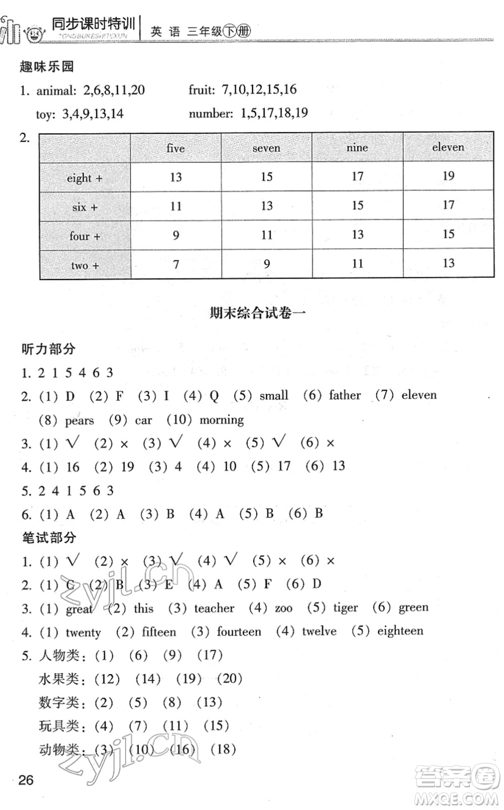 浙江少年兒童出版社2022同步課時(shí)特訓(xùn)三年級(jí)英語(yǔ)下冊(cè)R人教版答案