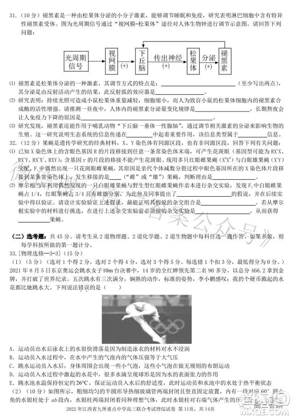 2022年江西省九校高三聯(lián)合考試?yán)砜凭C合試題及答案