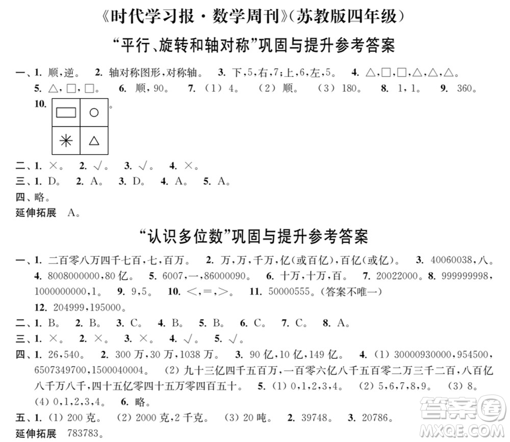 時(shí)代學(xué)習(xí)報(bào)數(shù)學(xué)周刊2021-2022學(xué)年度蘇教版四年級(jí)第二學(xué)期鞏固與提升參考答案