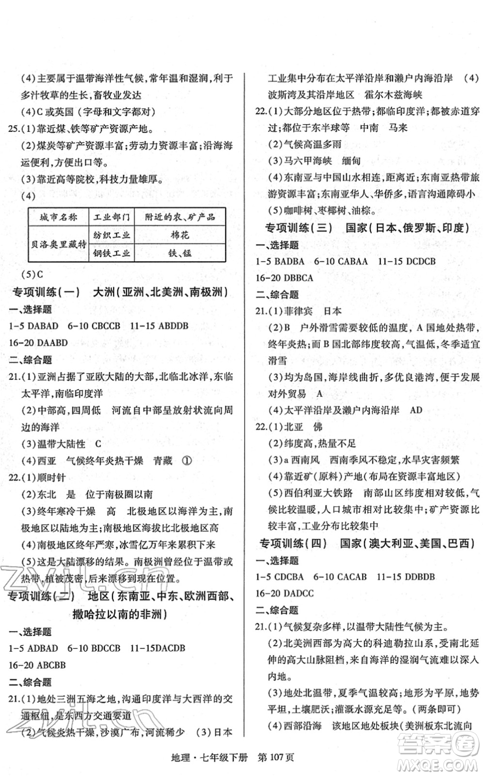 明天出版社2022初中同步練習(xí)冊(cè)自主測(cè)試卷七年級(jí)地理下冊(cè)人教版答案