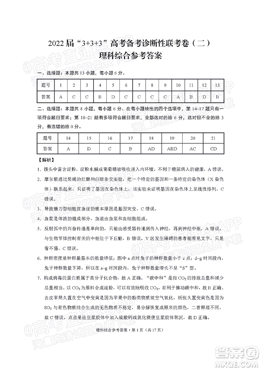 2022屆3+3+3高考備考診斷性聯(lián)考卷二理科綜合試題及答案