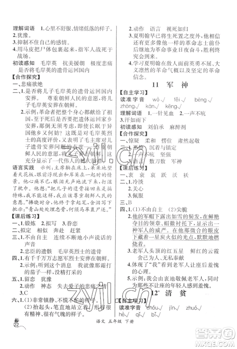 云南科技出版社2022同步解析與測(cè)評(píng)五年級(jí)下冊(cè)語(yǔ)文人教版云南專版參考答案