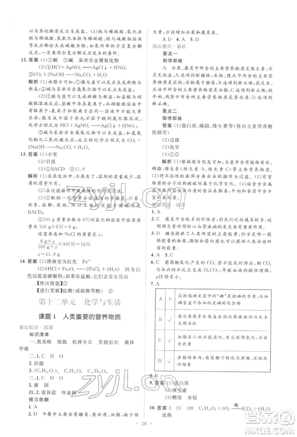 人民教育出版社2022同步解析與測(cè)評(píng)學(xué)考練九年級(jí)下冊(cè)化學(xué)人教版參考答案