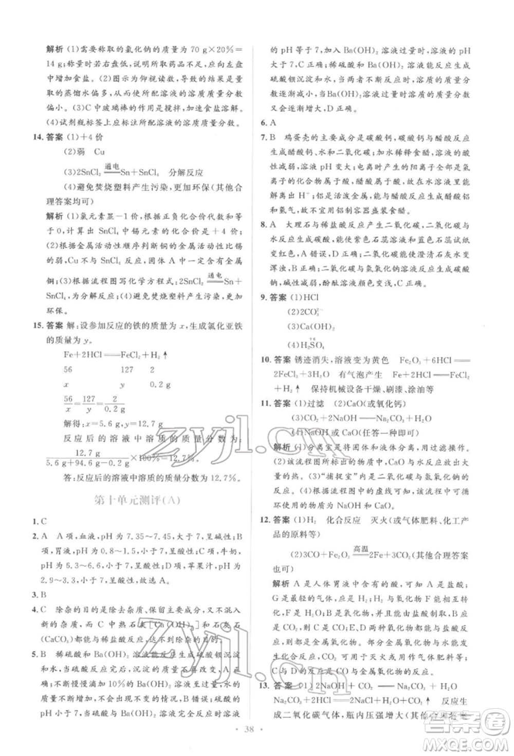 人民教育出版社2022同步解析與測(cè)評(píng)學(xué)考練九年級(jí)下冊(cè)化學(xué)人教版參考答案