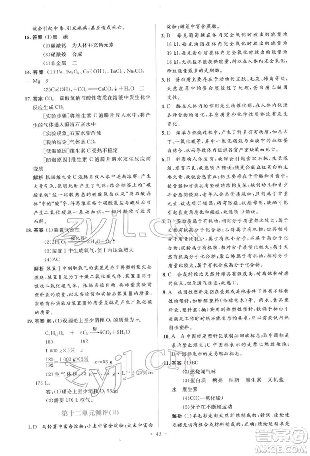 人民教育出版社2022同步解析與測(cè)評(píng)學(xué)考練九年級(jí)下冊(cè)化學(xué)人教版參考答案