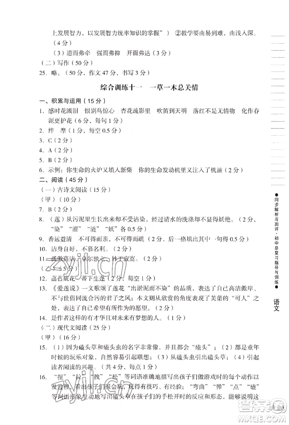 吉林出版集團(tuán)股份有限公司2022同步解析與測(cè)評(píng)初中總復(fù)習(xí)指導(dǎo)與訓(xùn)練九年級(jí)語文人教版參考答案