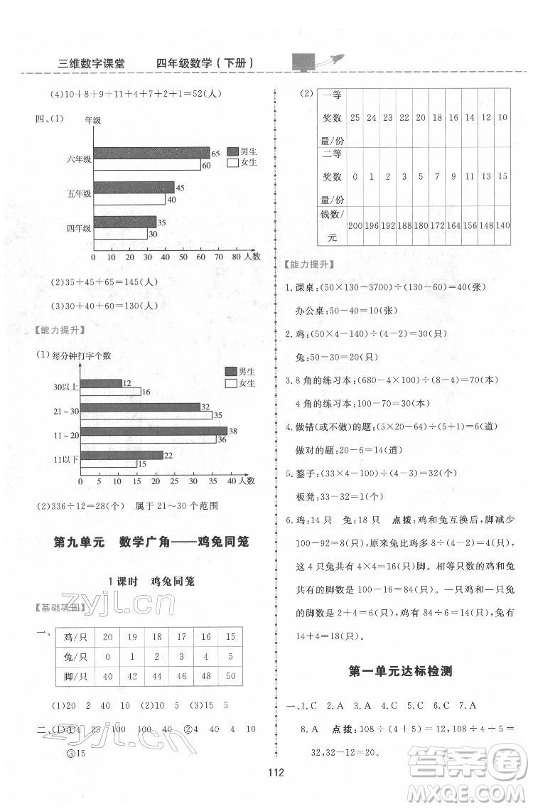 吉林教育出版社2022三維數(shù)字課堂四年級數(shù)學(xué)下冊人教版答案