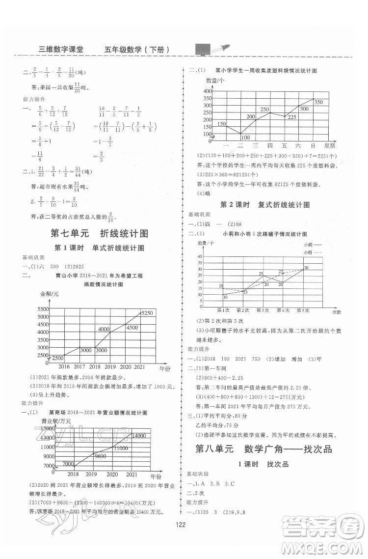 吉林教育出版社2022三維數字課堂五年級數學下冊人教版答案