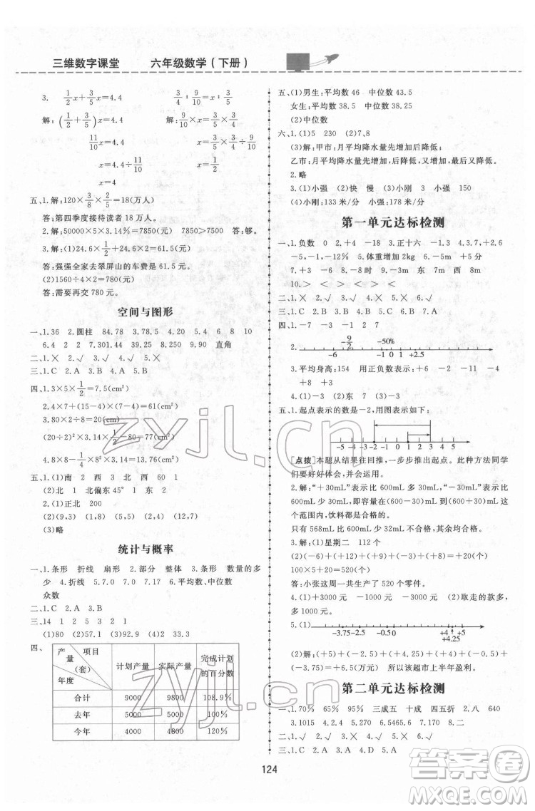 吉林教育出版社2022三維數(shù)字課堂六年級(jí)數(shù)學(xué)下冊(cè)人教版答案