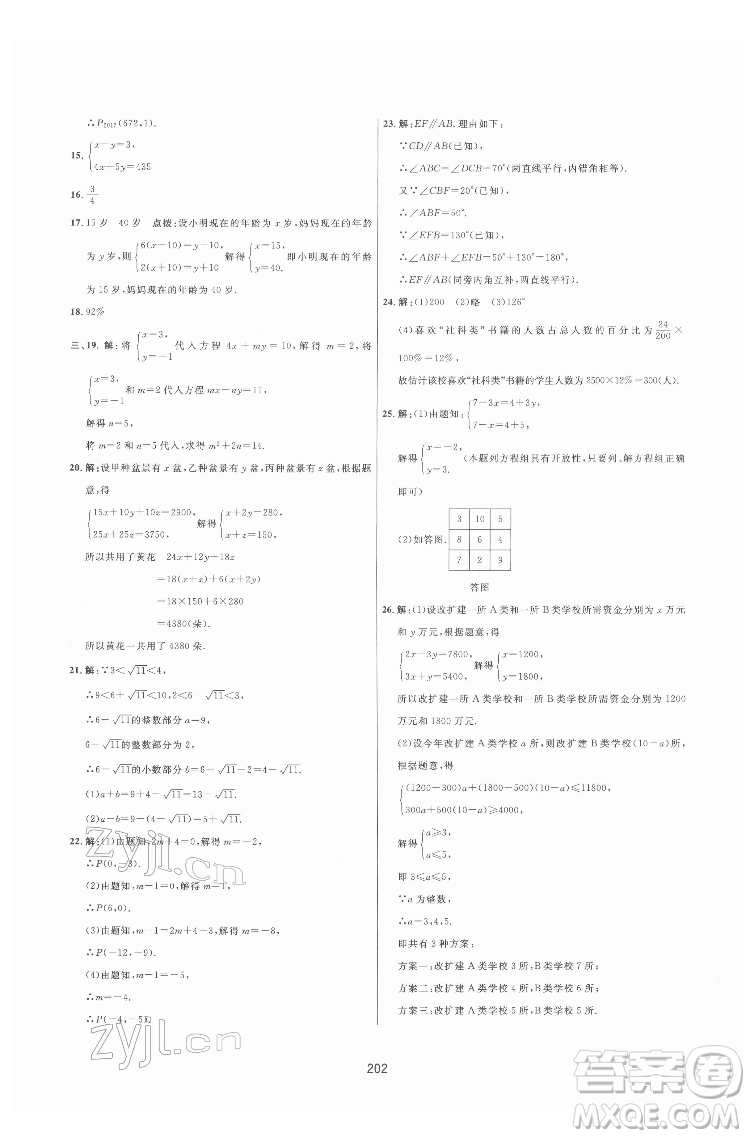 吉林教育出版社2022三維數字課堂七年級數學下冊人教版答案