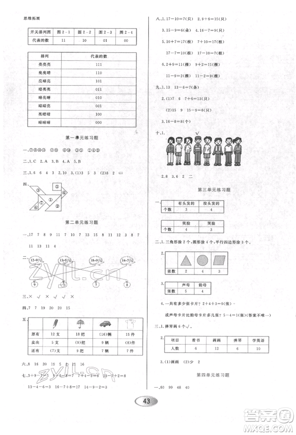 黑龍江教育出版社2022資源與評(píng)價(jià)一年級(jí)下冊(cè)數(shù)學(xué)人教版參考答案