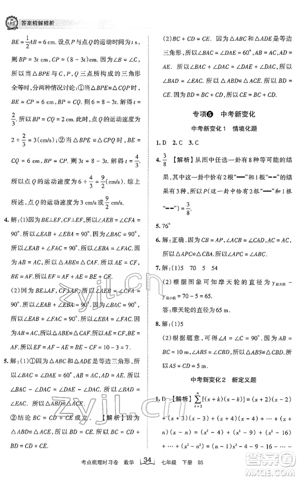 江西人民出版社2022王朝霞考點(diǎn)梳理時(shí)習(xí)卷七年級(jí)數(shù)學(xué)下冊(cè)BS北師版答案