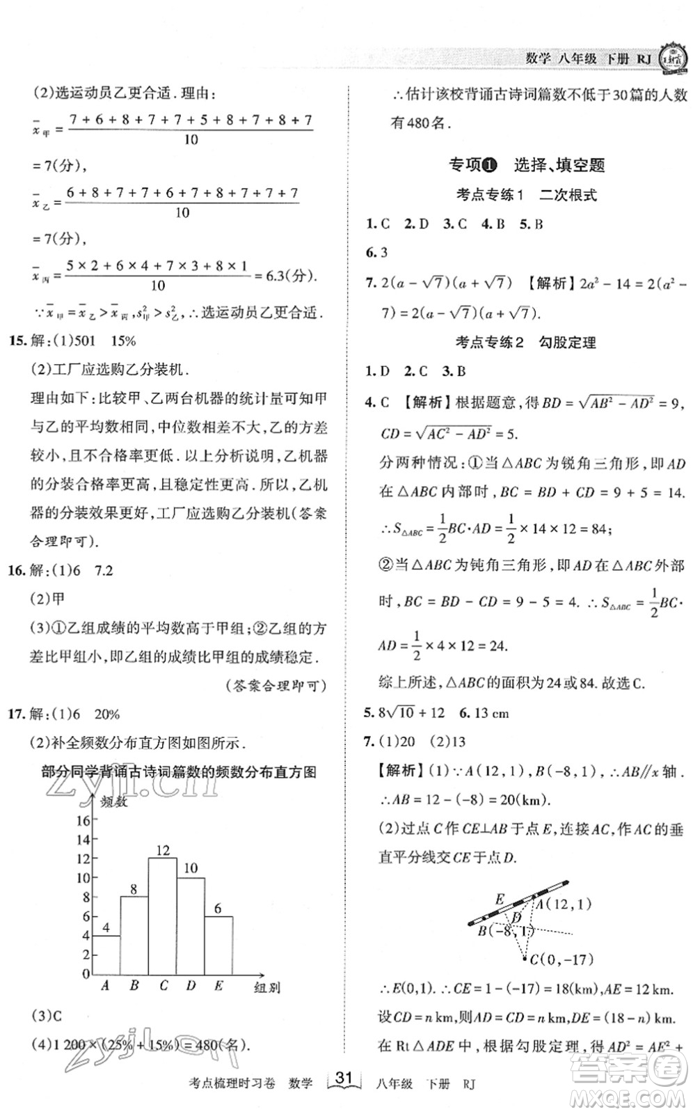 江西人民出版社2022王朝霞考點(diǎn)梳理時習(xí)卷八年級數(shù)學(xué)下冊RJ人教版答案