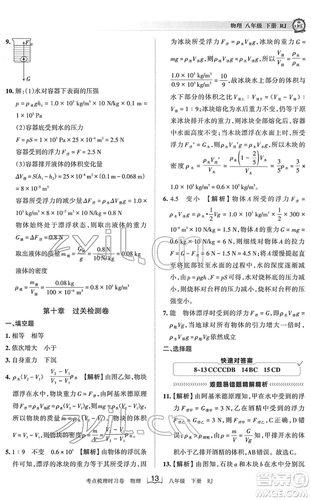 江西人民出版社2022王朝霞考點(diǎn)梳理時(shí)習(xí)卷八年級(jí)物理下冊(cè)RJ人教版答案