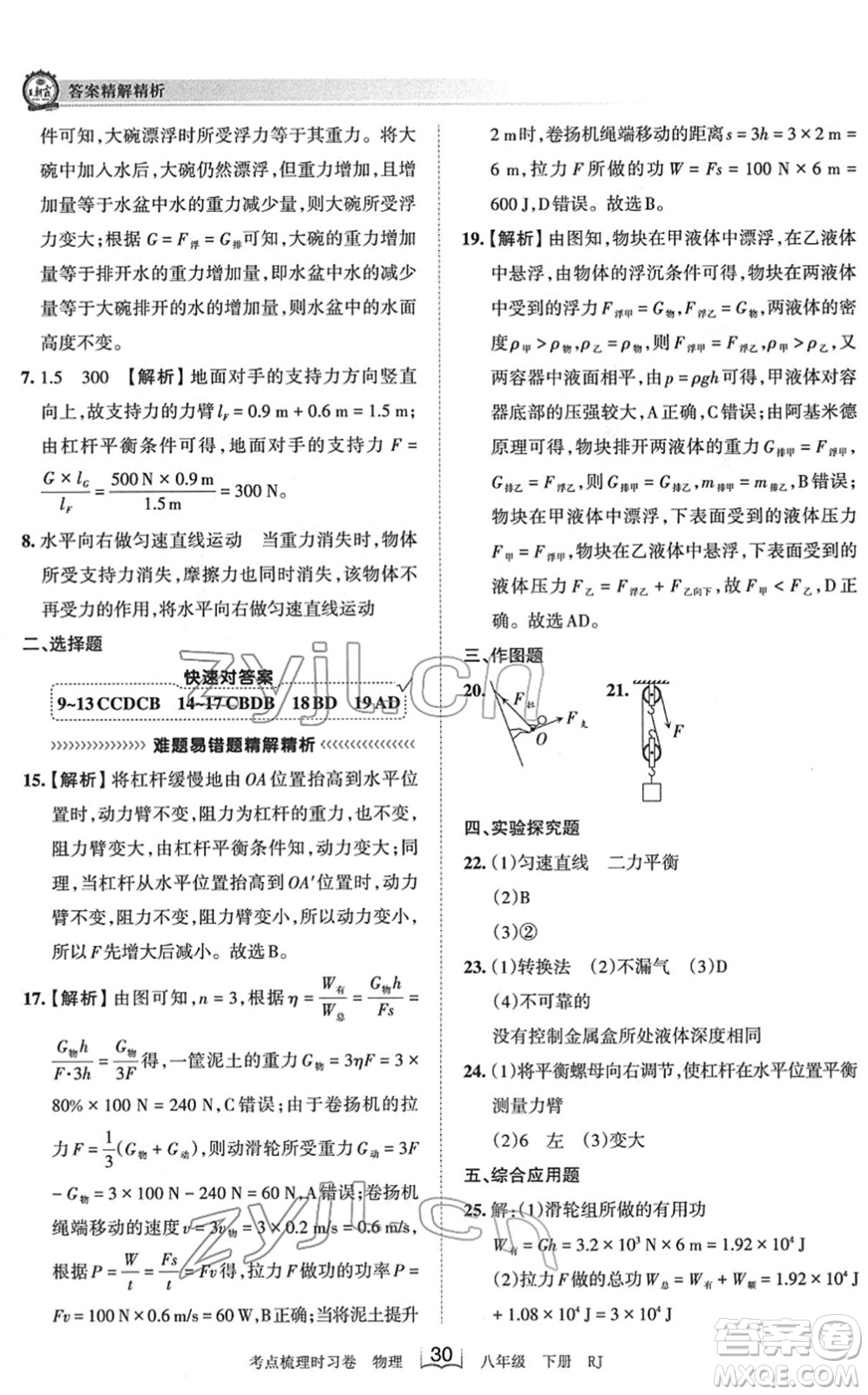 江西人民出版社2022王朝霞考點(diǎn)梳理時(shí)習(xí)卷八年級(jí)物理下冊(cè)RJ人教版答案