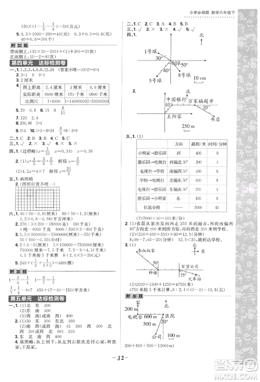 首都師范大學(xué)出版社2022小學(xué)必刷題六年級(jí)數(shù)學(xué)下冊(cè)蘇教版參考答案