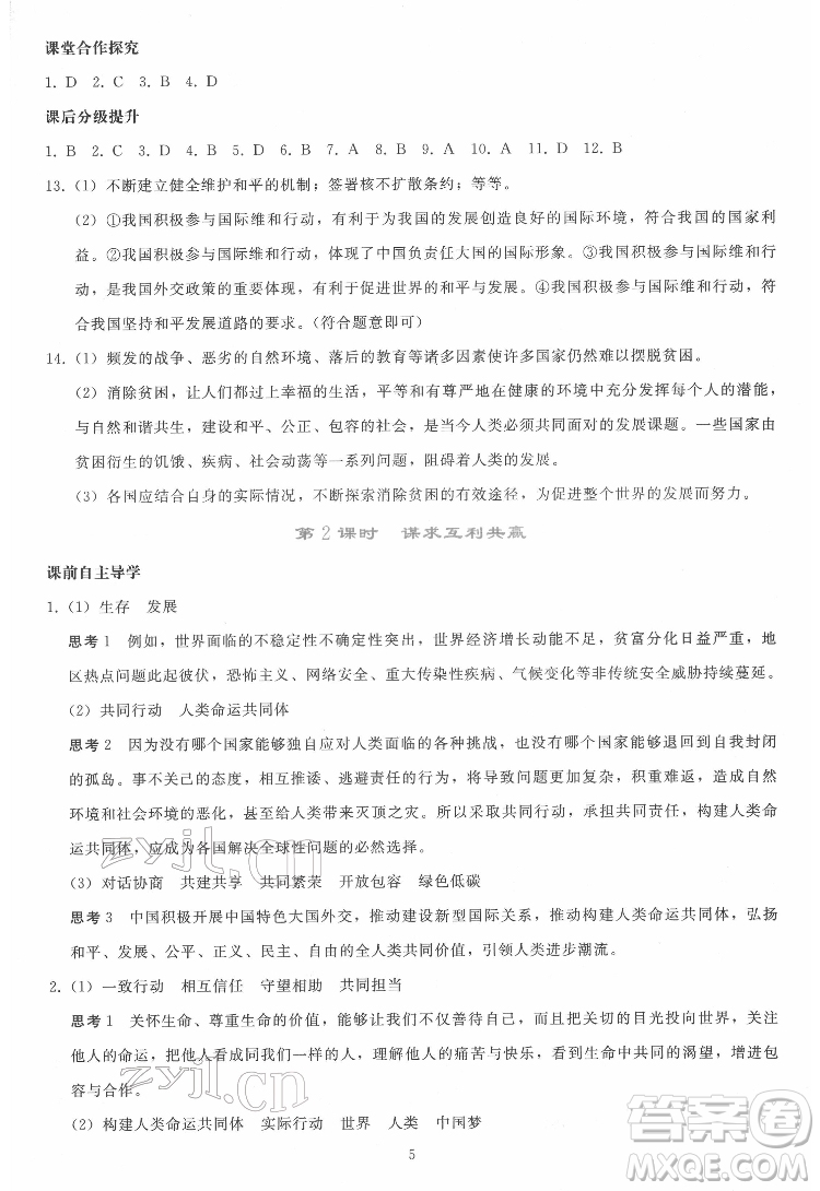 人民教育出版社2022同步輕松練習(xí)道德與法治九年級(jí)下冊(cè)人教版答案