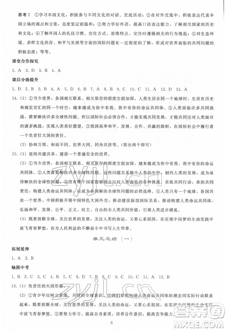 人民教育出版社2022同步輕松練習(xí)道德與法治九年級(jí)下冊(cè)人教版答案