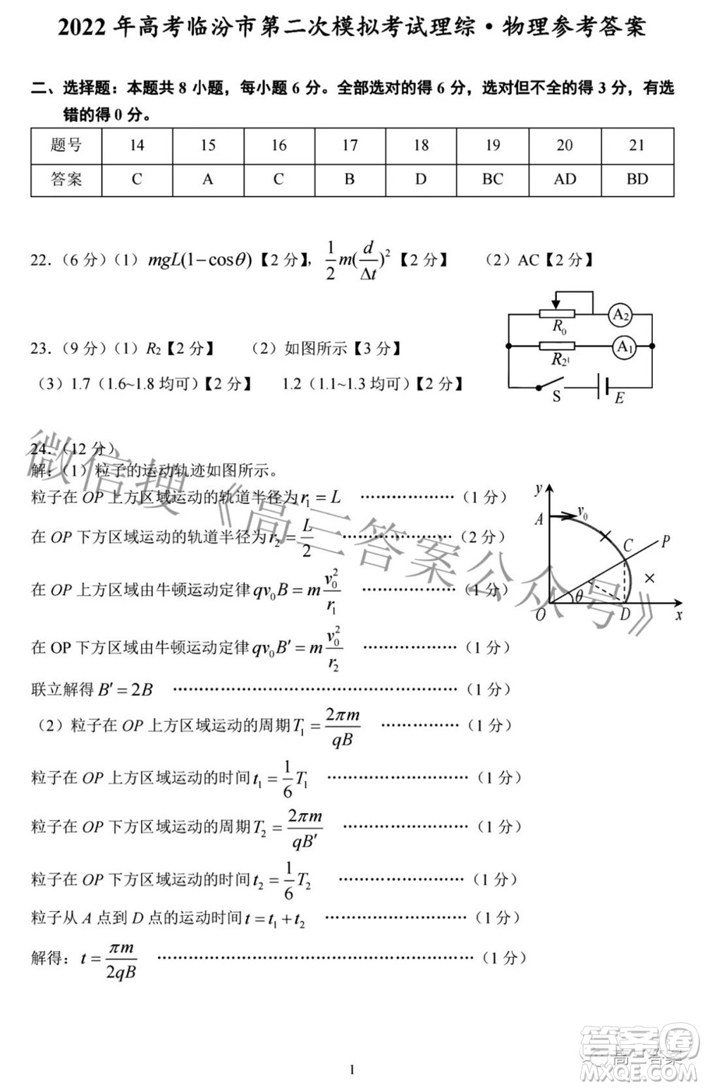 臨汾市2022年高考考前適應(yīng)性訓(xùn)練考試二理科綜合試題及答案